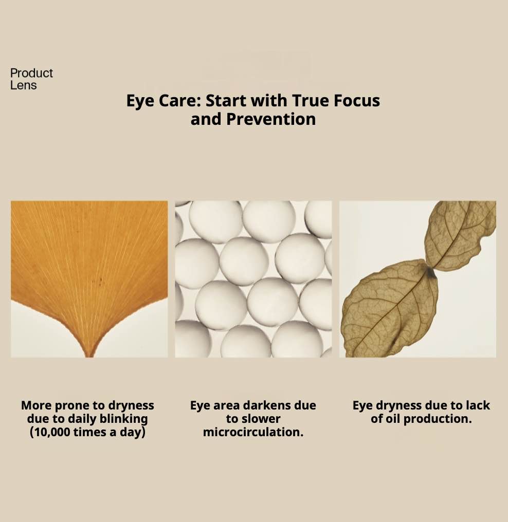 DAISY SKY Amber Time Eye Elixir Oil product collage: orange leaf, white capsules, dried leaf, eye care and prevention.