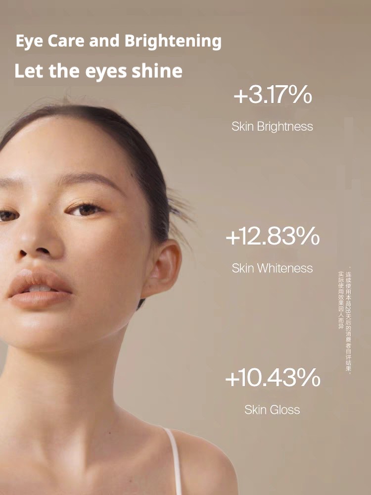 DAISY SKY Amber Time Eye Elixir Oil ad: close-up of woman with skin brightness, whiteness, and gloss metrics.