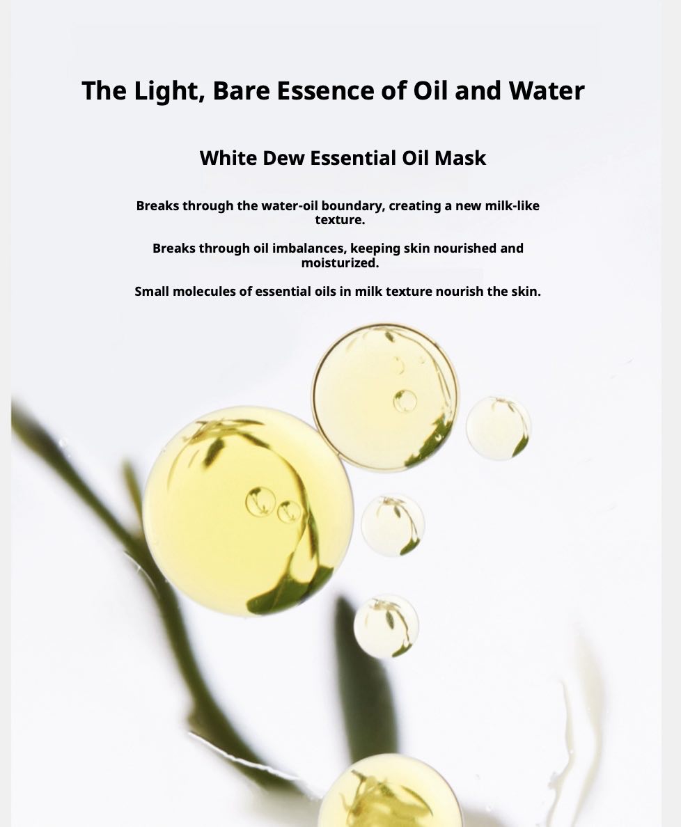 DAISY SKY White Dew Essential Oil Facial Mask product banner with golden oil droplets on white background