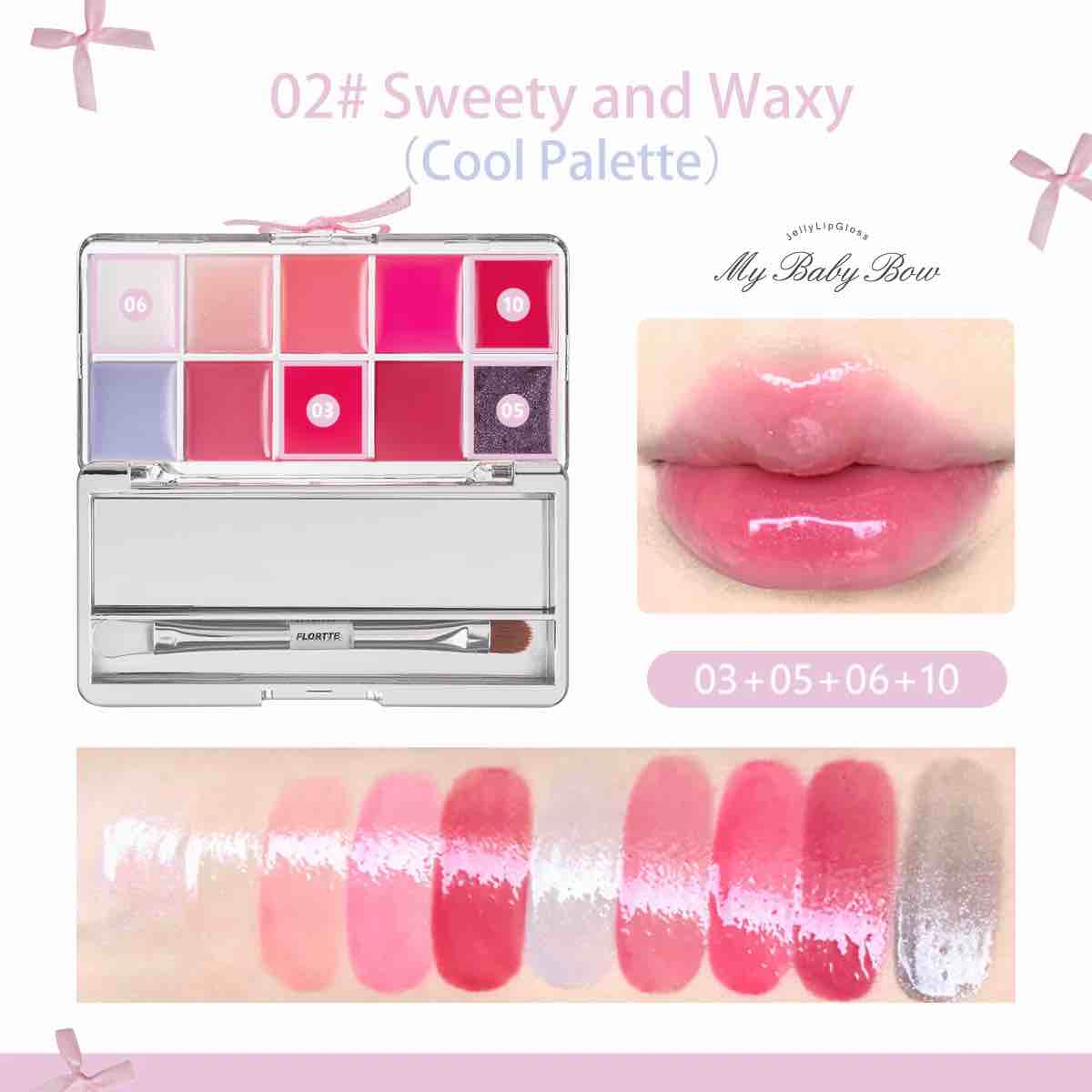 Flortte Jelly Lip Gloss 10 Colors Palette, mix and match to create your own unique shades, care lips moist, compact and portable at any time out of the color.