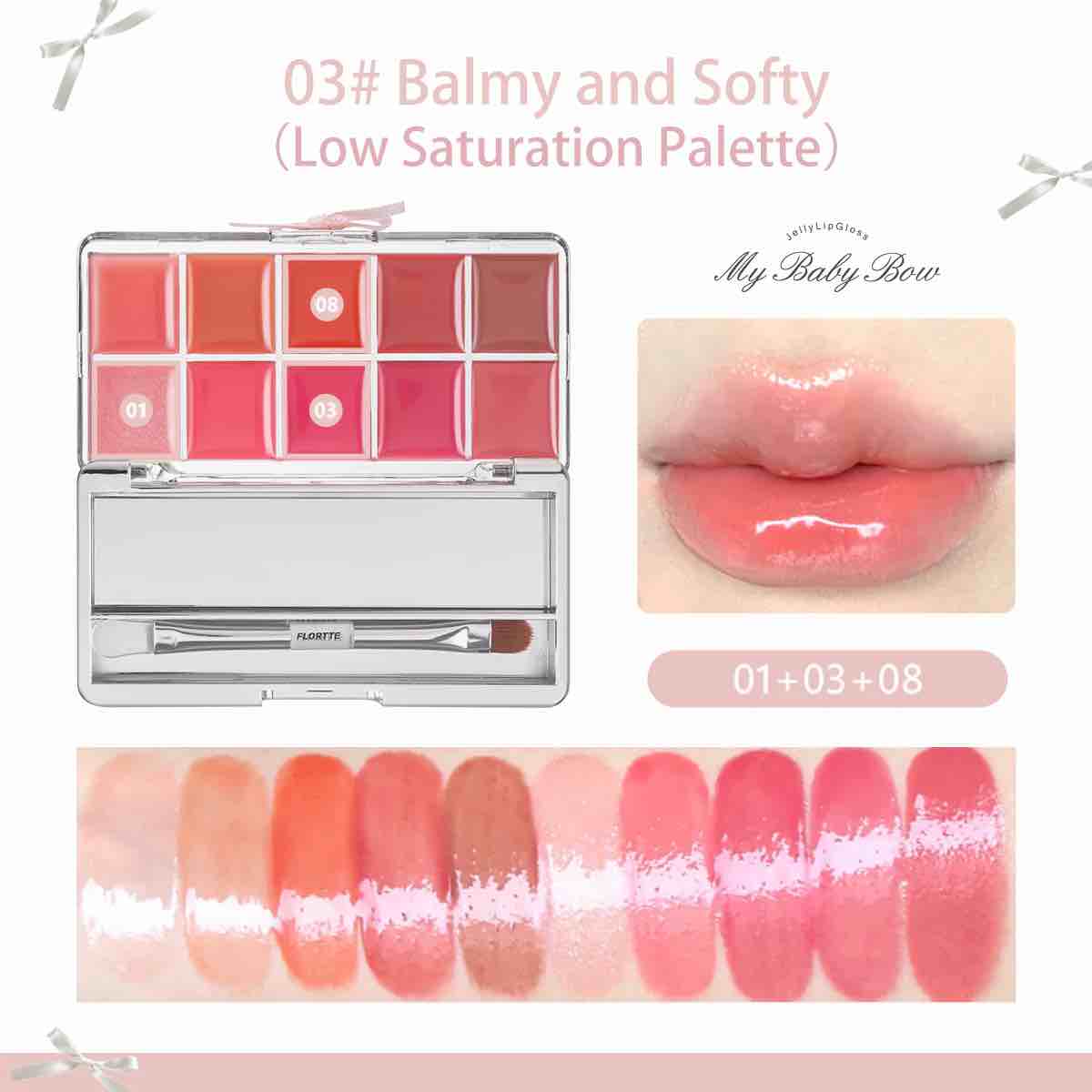 Flortte Jelly Lip Gloss 10 Colors Palette, mix and match to create your own unique shades, care lips moist, compact and portable at any time out of the color.