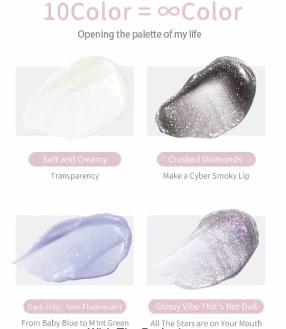 Flortte Jelly Lip Gloss 10 Colors Palette, mix and match to create your own unique shades, care lips moist, compact and portable at any time out of the color.