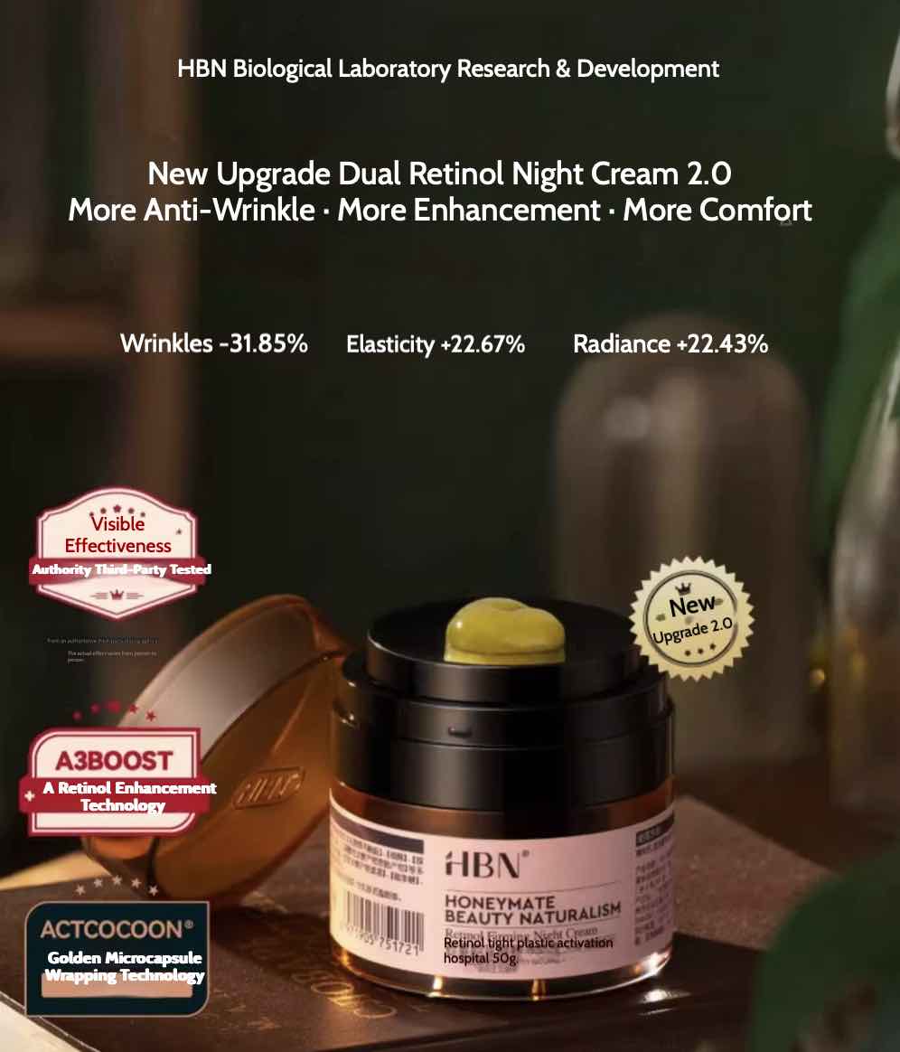 Experience the breakthrough power of HBN Double Retinol Firming Anti-aging Night Cream. This advanced formula reduces fine lines, enhances skin elasticity, and delivers a firm, youthful complexion.