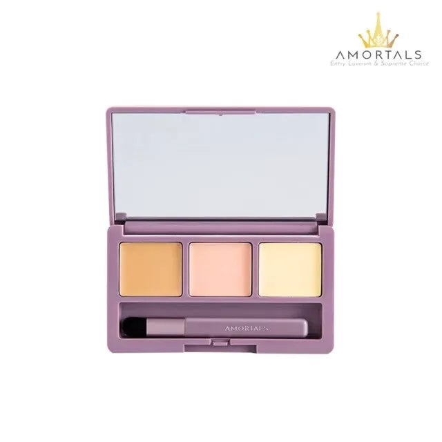 AMORTALS 3 Shades Cream Concealer Palette offers waterproof, buildable coverage for concealing, highlighting, and contouring. Enriched with hydrating oils and Tea Tree Essence for an 8-hour flawless finish.