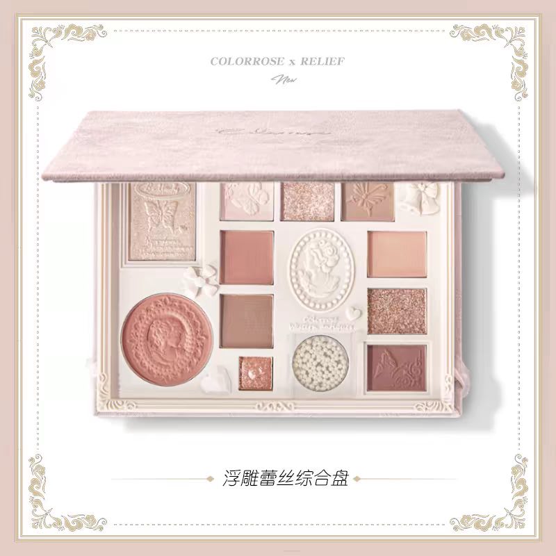 Elevate your look with the Colorrose 12 Color Embossed Eyeshadow Palette. This versatile palette features eye shadows, blush, and highlighter in subtle matte and pearlescent shades, inspired by Rococo aesthetics.