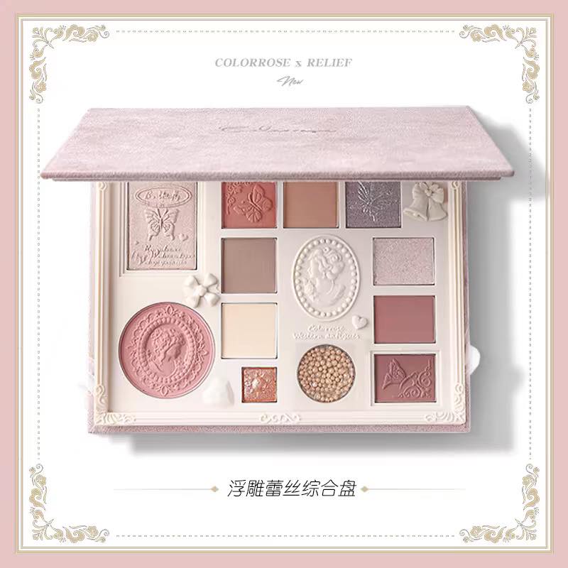 Elevate your look with the Colorrose 12 Color Embossed Eyeshadow Palette. This versatile palette features eye shadows, blush, and highlighter in subtle matte and pearlescent shades, inspired by Rococo aesthetics.