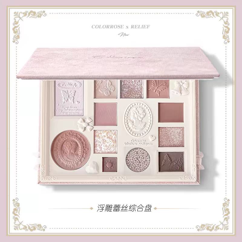 Elevate your look with the Colorrose 12 Color Embossed Eyeshadow Palette. This versatile palette features eye shadows, blush, and highlighter in subtle matte and pearlescent shades, inspired by Rococo aesthetics.