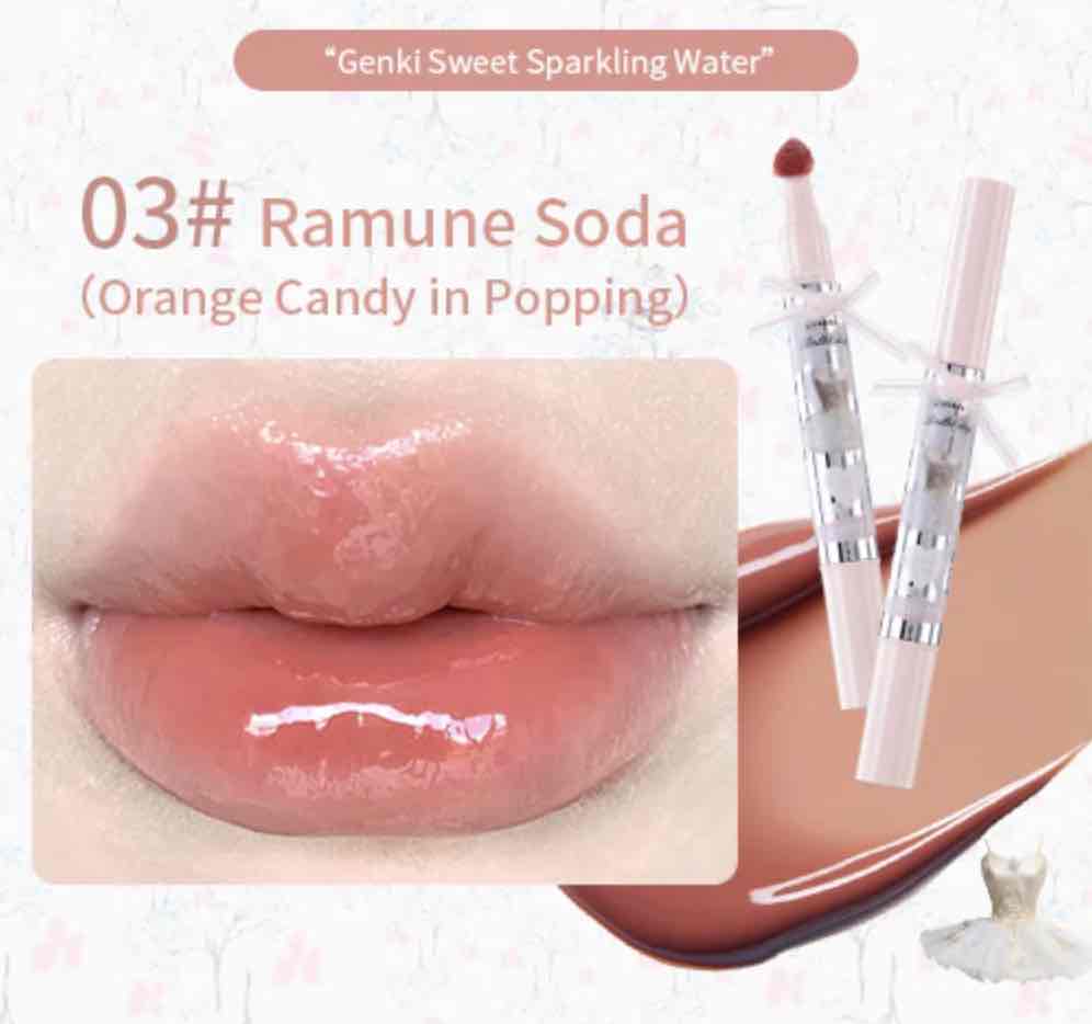 FLORTTE Small Bowknot Series Film-Forming Lip Gloss in Ramune Soda, an orange candy shade delivering a sparkling, glossy finish with a smooth application.