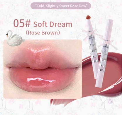 FLORTTE Small Bowknot Series Film-Forming Lip Gloss in Soft Dream, a rose brown shade that offers a cold, slightly sweet glossy finish with long-lasting wear.