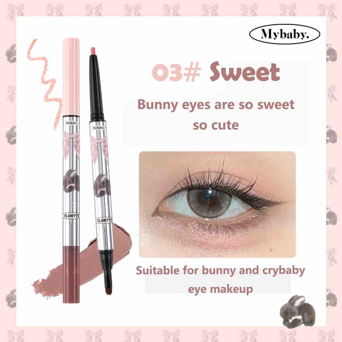 Flortte Mybaby Double-Headed Silkworm Pen in Sweet, Ideal for Achieving Bunny and Crybaby Eye Makeup with a Cute Pinkish Brown Shade and Soft Highlighting Tip