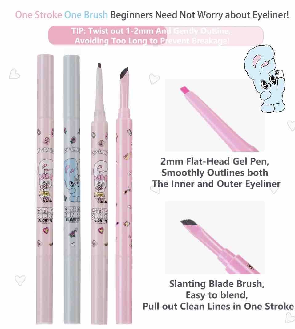 FLORTTE Esther Bunny Double-Ended Eyeliner one stroke, dual-use, flat tip gel pen with blade brush, one stroke and one brush to easily create a natural large eyes, a variety of eye makeup details easy to take.