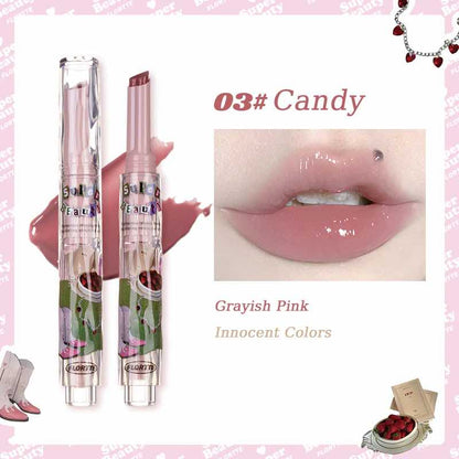 Flortte I Am Super Beauty Jelly Heart Lipstick in shade 03 Candy, showcasing a grayish pink color for an innocent, sweet look