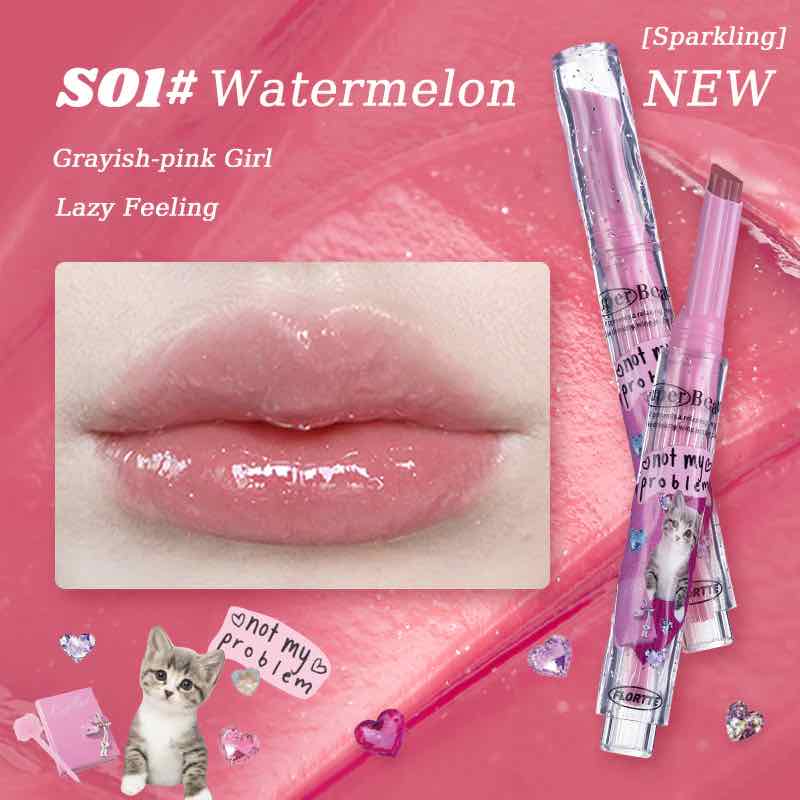 Flortte I Am Super Beauty Jelly Heart Lipstick in shade S01 Watermelon, showcasing a grayish-pink gloss for a soft, lazy look.