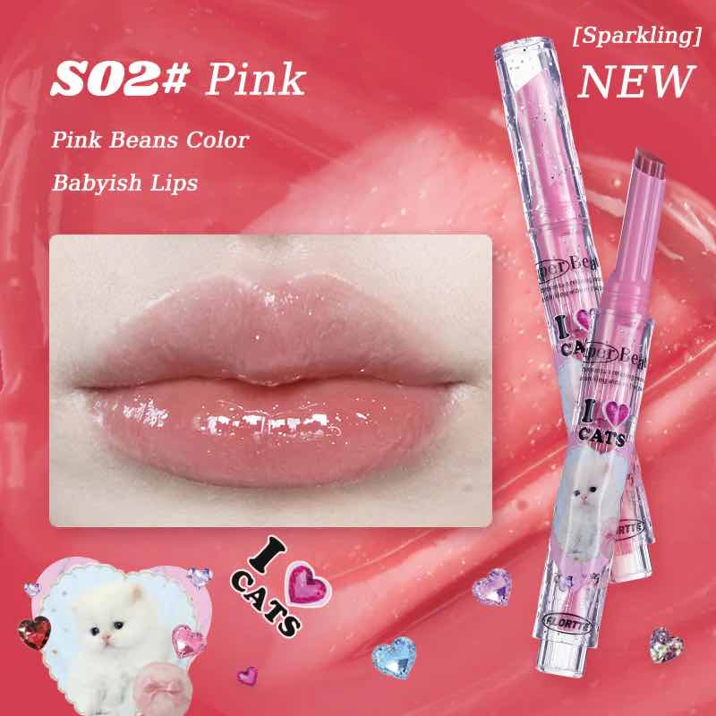 Flortte I Am Super Beauty Jelly Heart Lipstick in shade S02 Pink, featuring a pink beans color gloss for a babyish, youthful appearance