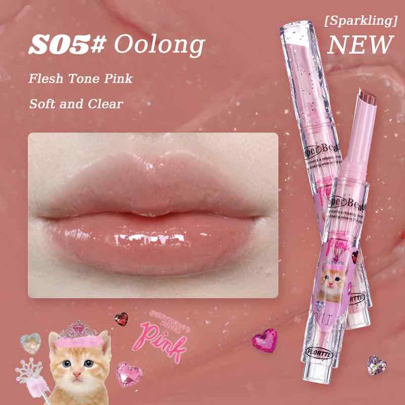 Flortte I Am Super Beauty Jelly Heart Lipstick in shade S05 Oolong, with a flesh tone pink color for a soft, clear look