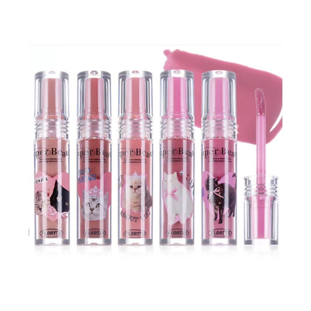 Flortte I Am Super Beauty Lip Gloss Serum offers a high-shine, plump lip look with moisturizing, lightweight formula and cute kitty-themed packaging in four colors.