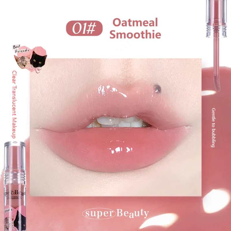 Flortte I Am Super Beauty Lip Gloss Serum in shade 01 Oatmeal Smoothie, offering a clear, translucent finish for a gentle, glossy lip look