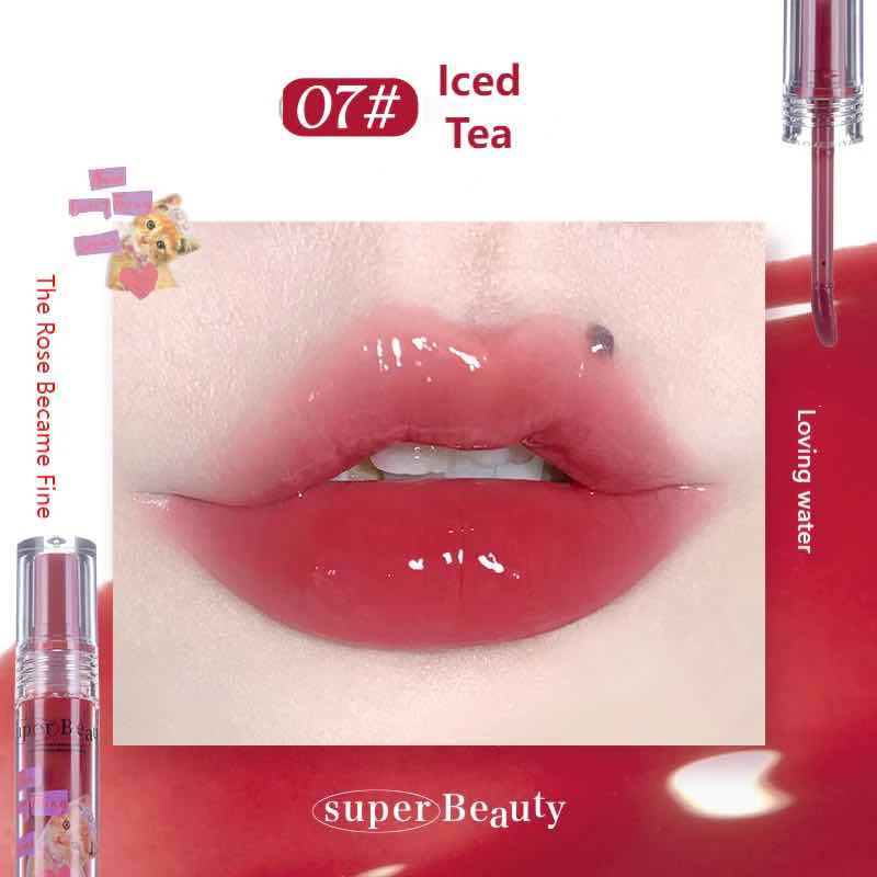 Flortte I Am Super Beauty Lip Gloss Serum in shade 07 iced tea, delivering a pure, glossy finish with a subtle orange tint for a youthful vibe