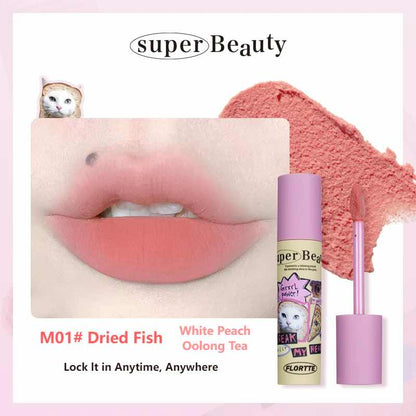 FLORTTE I am Super Beauty Lip Cream in M01 Dried Fish, a white peach oolong tea shade offering a creamy, long-lasting finish for soft and natural-looking lips.