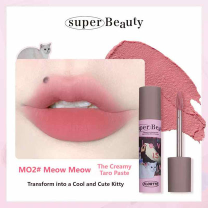 FLORTTE I am Super Beauty Lip Cream in M02 Meow Meow, a creamy taro paste shade that transforms your lips with a cool and cute kitty-inspired look.