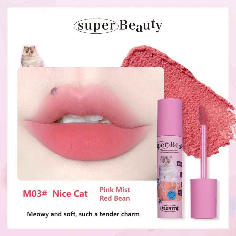 FLORTTE I am Super Beauty Lip Cream in M03 Nice Cat, featuring a pink mist red bean shade for a tender and charming meowy lip finish