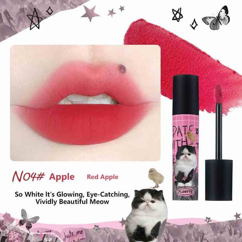 FLORTTE I am Super Beauty Lip Cream in n04 apple a red apple shade delivering a cute and playful kitten-inspired lip look with a smooth, creamy finish