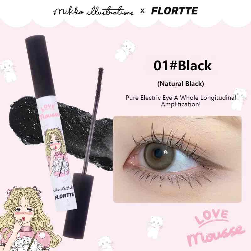 Flortte X Mikko Long Curling Mascara in Natural Black, Enhancing Lash Length and Volume with Precision, Featuring Cute Mikko Illustrations on Packaging