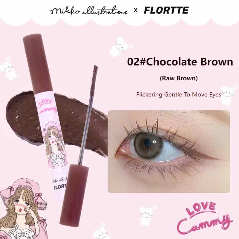 Flortte X Mikko Long Curling Mascara in Chocolate Brown, Providing Soft Definition for Natural-Looking Lashes, with Adorable Mikko Artwork