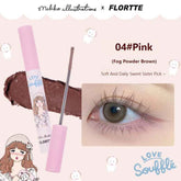 Flortte X Mikko Long Curling Mascara in Fog Powder Brown, Offering Soft and Sweet Lash Enhancement, with Cute Mikko Illustrations on the Tube.