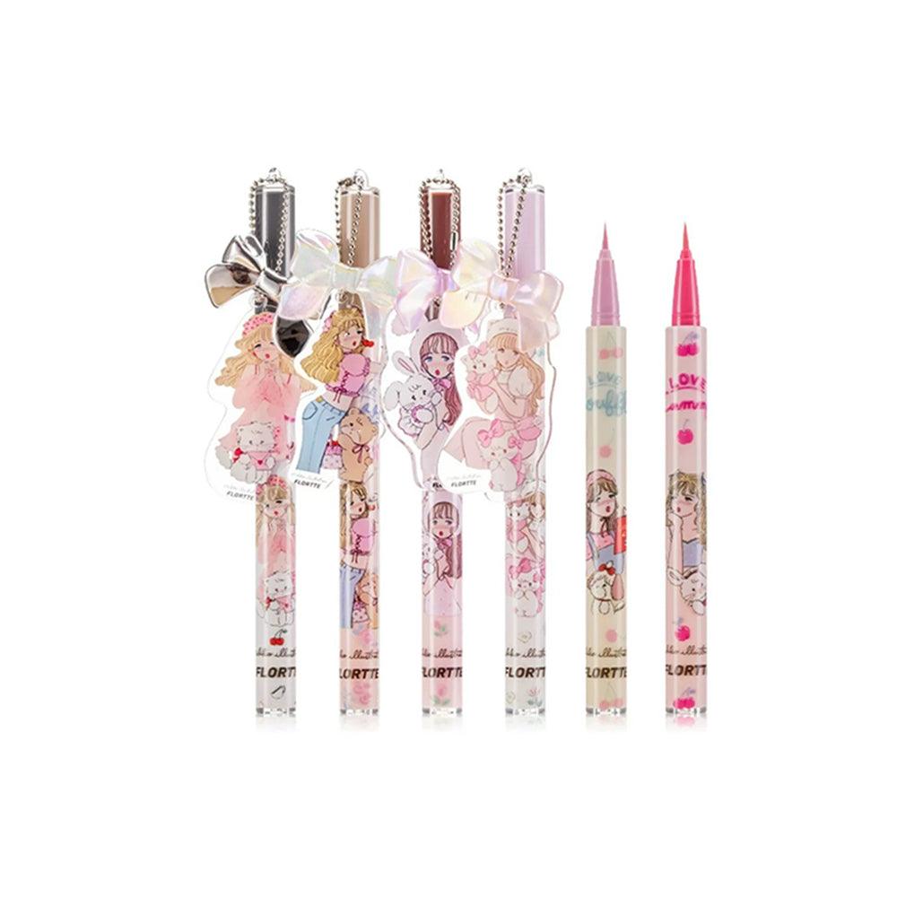 Flortte X Mikko liquid eyeliner offers 10 colors with ultra-fine 0.03mm brush tips, waterproof and long-lasting, in cute packaging with a charming pendant.