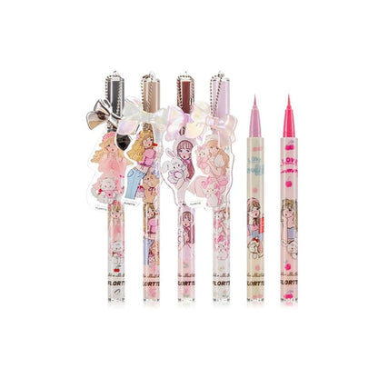 Flortte X Mikko liquid eyeliner offers 10 colors with ultra-fine 0.03mm brush tips, waterproof and long-lasting, in cute packaging with a charming pendant.