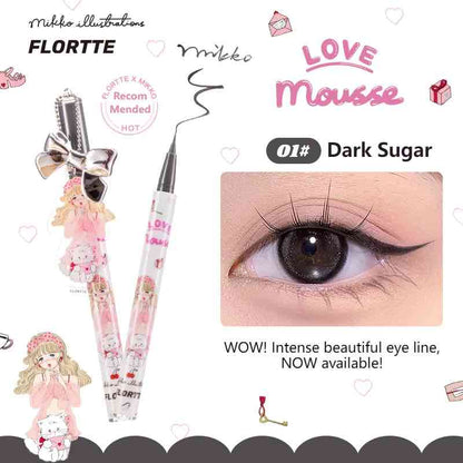 Flortte X Mikko Dark Sugar Waterproof Liquid Eyeliner with Ultra-Fine Brush Tip and Cute Pendant, Perfect for Intense Black Eyeliner Looks