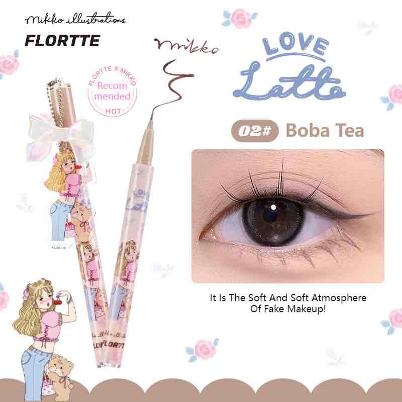 Flortte X Mikko Boba Tea Waterproof Liquid Eyeliner, Featuring Soft Brown Shade with Delicate Brush Tip for Natural Makeup, Adorned with a Charming Pendant