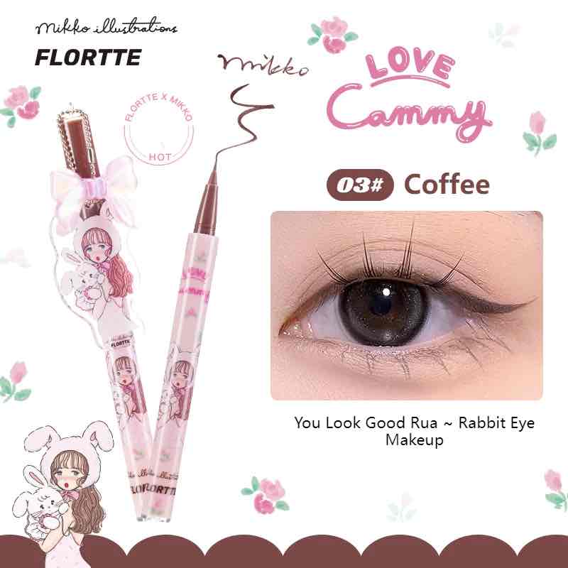 Flortte X Mikko Coffee Waterproof Liquid Eyeliner, Offering a Warm Brown Shade for Rabbit Eye Makeup with a Fine Brush Tip and Adorable Pendant