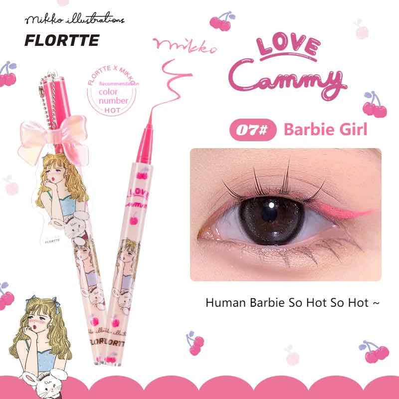 Flortte X Mikko barbie girl Waterproof Liquid Eyeliner, Featuring Soft pink Shade with Delicate Brush Tip for Natural Makeup, Adorned with a Charming Pendant.