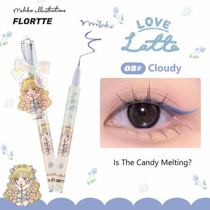 Flortte X Mikko blue Waterproof Liquid Eyeliner, Offering a cool blue Shade for Rabbit Eye Makeup with a Fine Brush Tip and Adorable Pendant