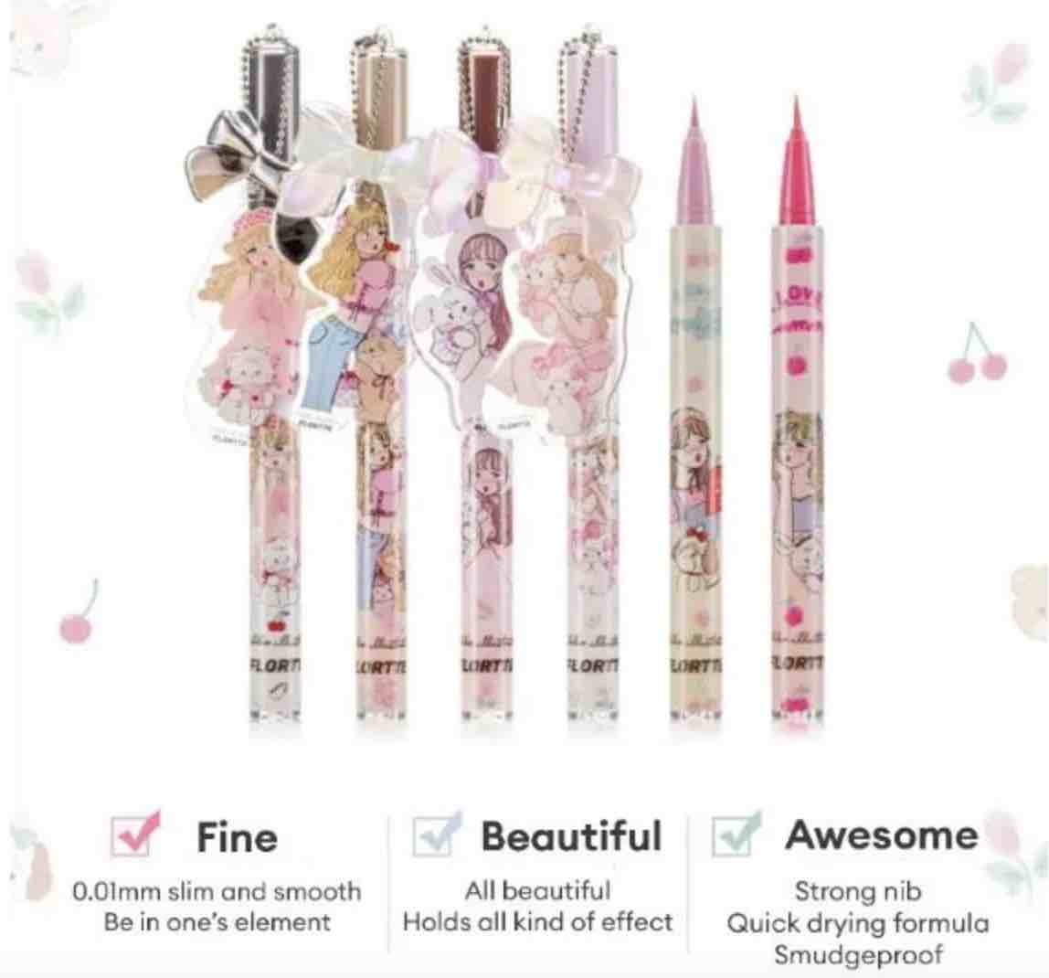 Flortte Waterproof Liquid Eyeliner  waterproof and long-lasting, in cute packaging with a charming pendant.