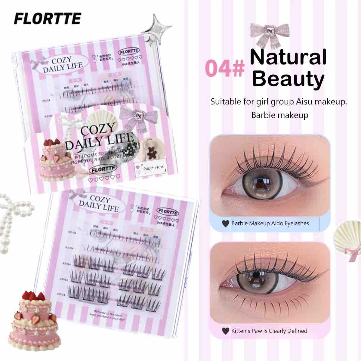 Achieve a mesmerizing eyelash look with Flortte Segmented Self-Adhesive Glue-Free False Eyelash that add volume to natural lashes. Comes with a built-in adhesive, ensuring easy and mess-free application.