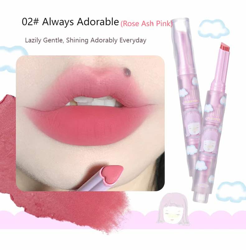 Lips adorned with Flortte Wackky Velvet Lip Mud in shade "Always Adorable" (Rose Ash Pink), offering a soft, rosy matte look with intense color payoff.