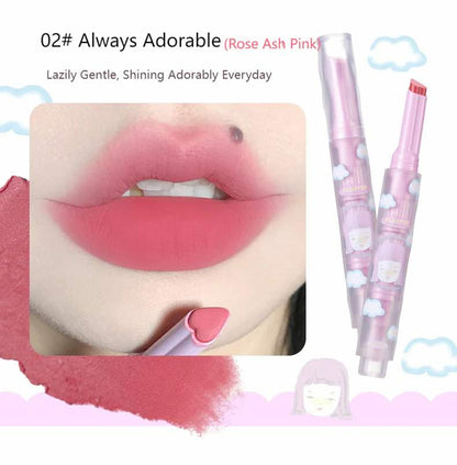 Lips adorned with Flortte Wackky Velvet Lip Mud in shade &quot;Always Adorable&quot; (Rose Ash Pink), offering a soft, rosy matte look with intense color payoff.