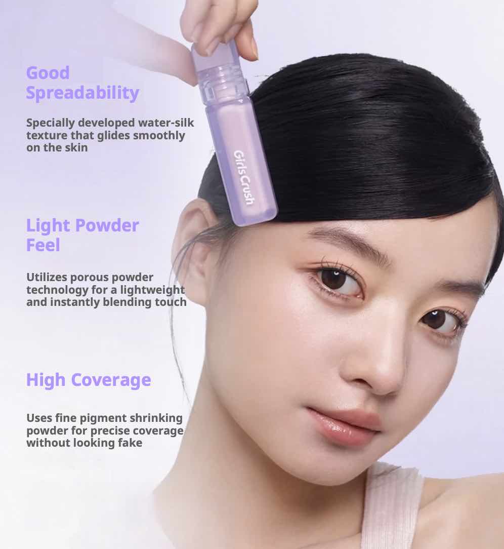 Girls Crush Watery Velvet Liquid Concealer offers lightweight, moisturizing coverage with a smooth, water-velvet texture. Designed for dry skin, it blends seamlessly for a natural, radiant finish.