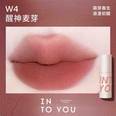 INTO YOU Airy Lip & Cheek Mud in W4, showcasing a soft, natural red brown shade perfect for a subtle everyday look