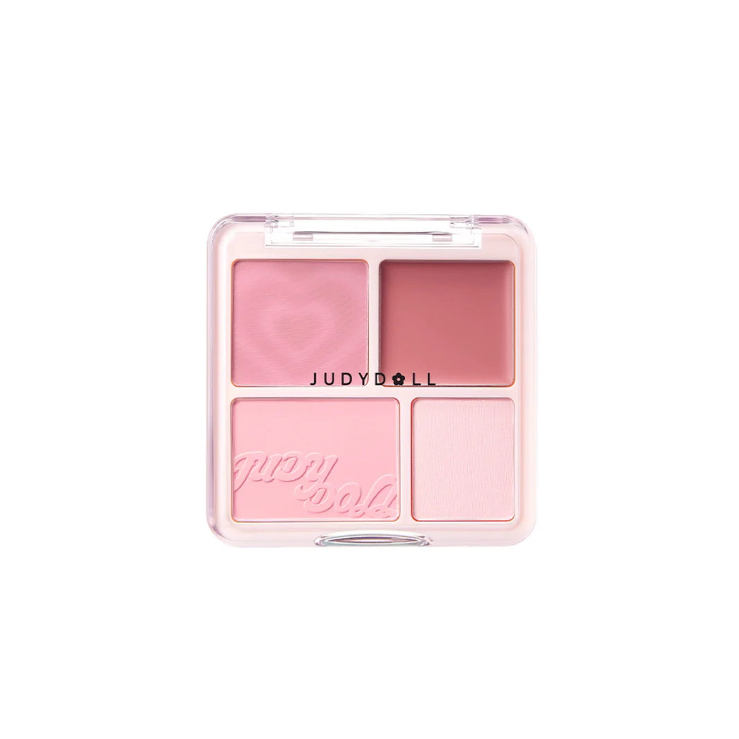 Enhance your makeup with Judydoll’s 4 Color Blush &amp; Highlight Palette, featuring three gradient blush shades and a matte highlight powder, perfect for cheeks and eyes.