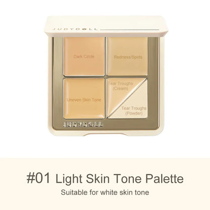 Judydoll Light Skin Tone Concealer Palette - Suitable for white skin tone, addressing dark circles, redness, and uneven skin tone with tear trough cream and powder.