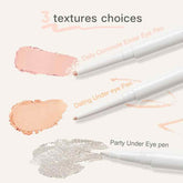 Three texture choices of Judydoll Dual-Headed Under Eye Eyeliner displayed with color swatches, showing options for daily commute, dating, and party looks