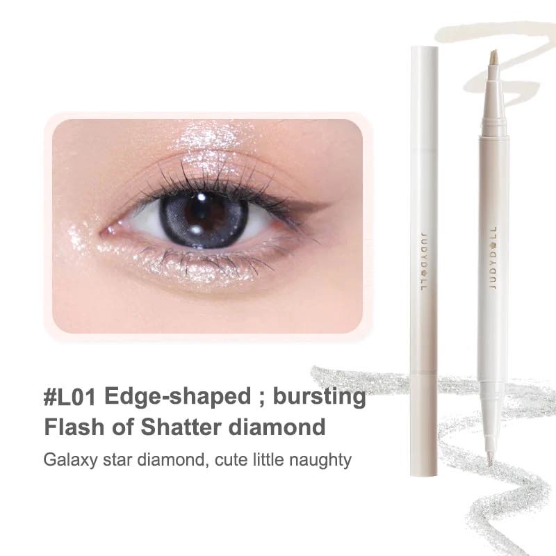 Close-up of an eye with Judydoll Dual-Headed Under Eye Eyeliner in shade L01, featuring a burst of glittery shimmer for a sparkling, galaxy star diamond effect