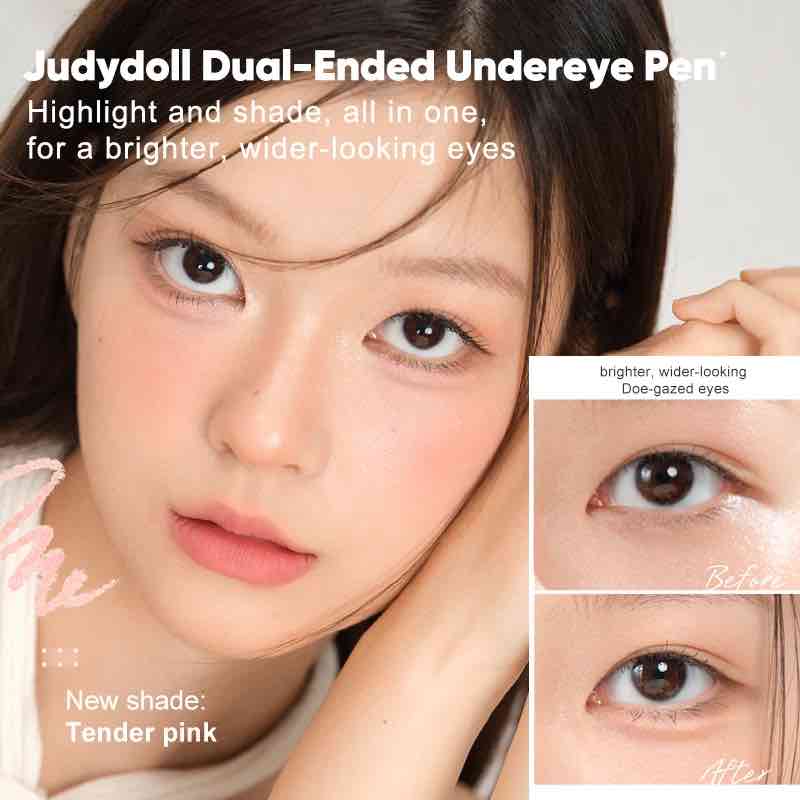 Before and after comparison of an eye using Judydoll Dual-Headed Under Eye Eyeliner. The product highlights and shades for brighter, wider-looking eyes.