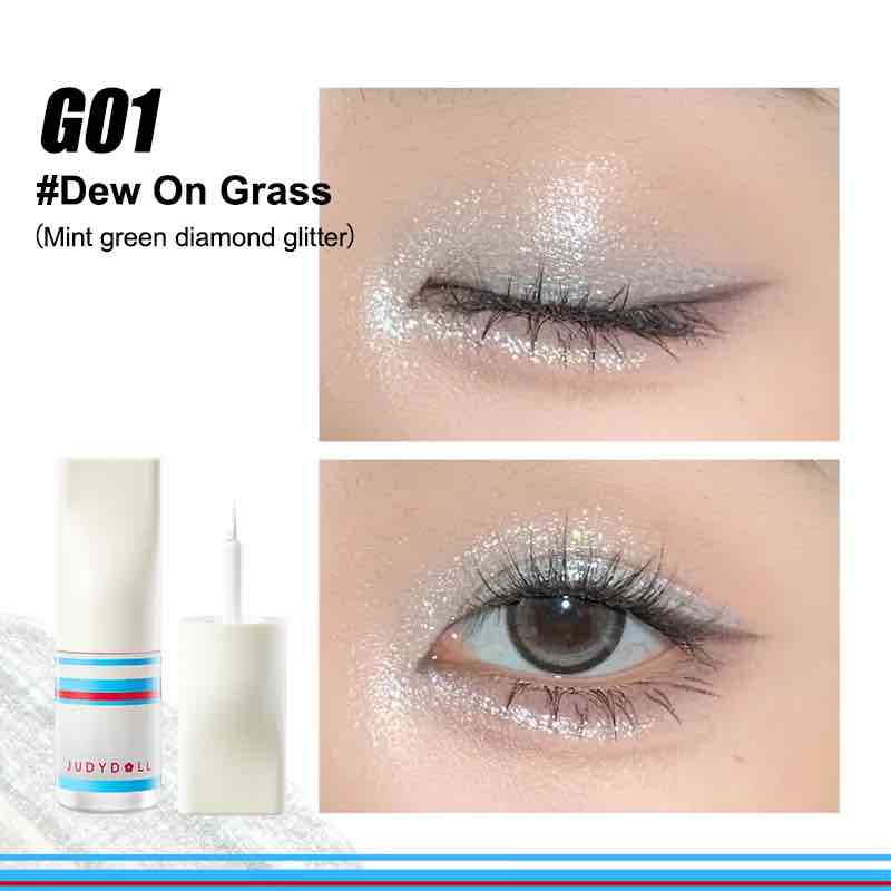 Judydoll Sport Chic Liquid Eyeshadow in shade G01 Dew On Grass, featuring mint green diamond glitter applied on eyelids for a sparkling, vibrant look.