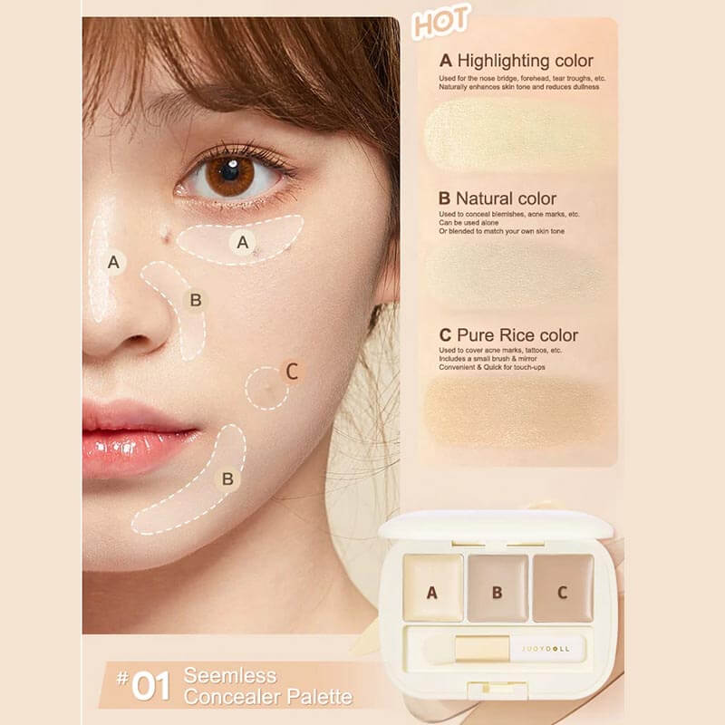 Judydoll Three-Shades Concealer Palette with highlighting color, natural color and pure rice color