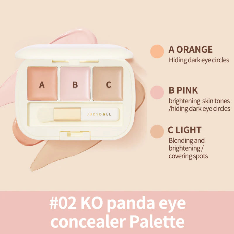 Judydoll Three-Shades Concealer Palette 02 with a orange and ink and light colors to cover dark eye circles and brightening face
